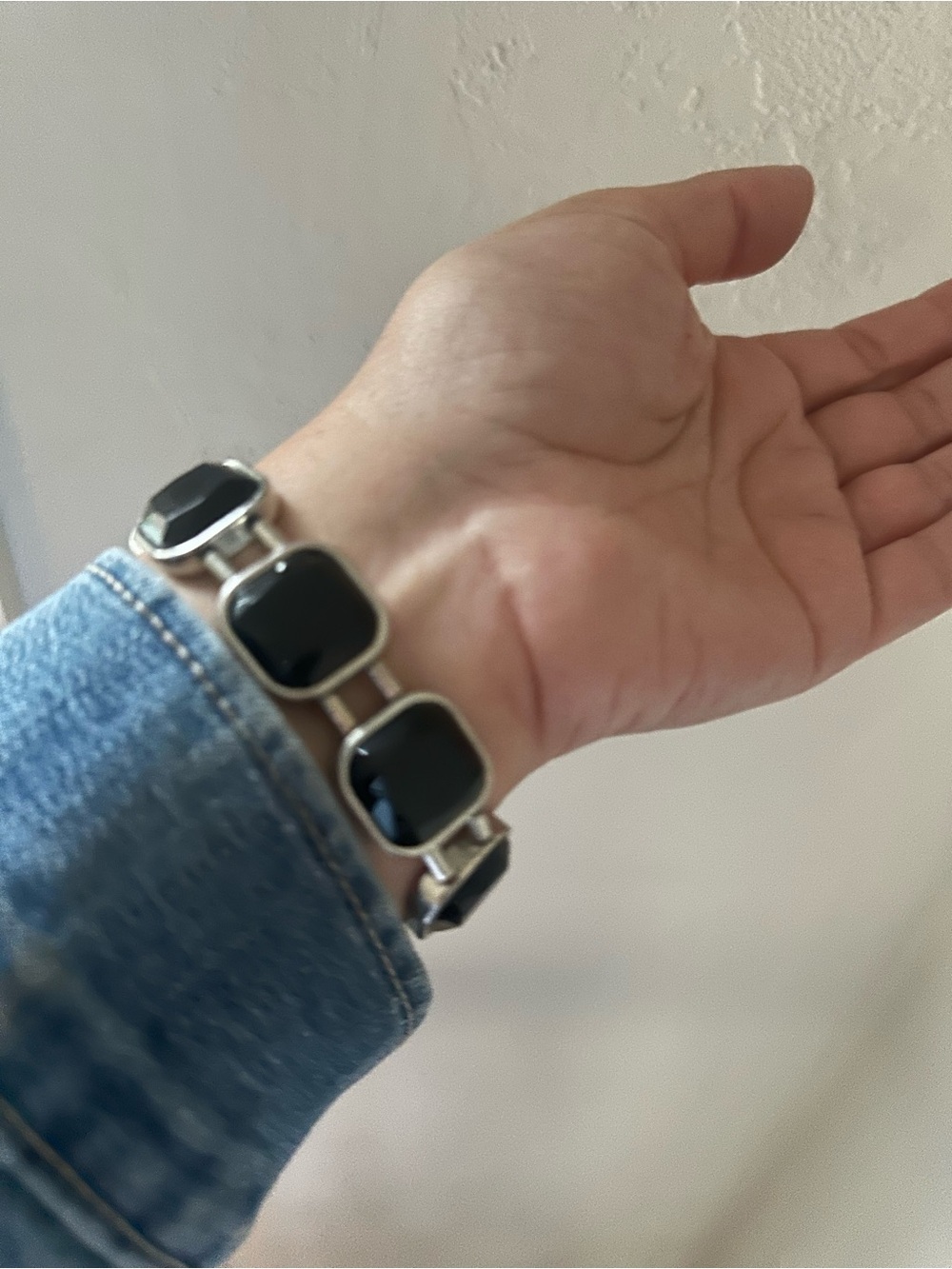 Vintage Black Stone Silver Link Panel Stretch Bracelet